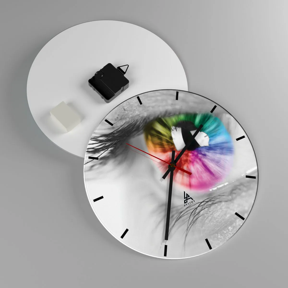 Nástenné hodiny - Farebné oko v čiernobielom ráme - 30x30cm - Pozerať sa na svet farebne - Moderná nástenná dekorácia do obývacej izby, kuchyne a spálne ARTTOR