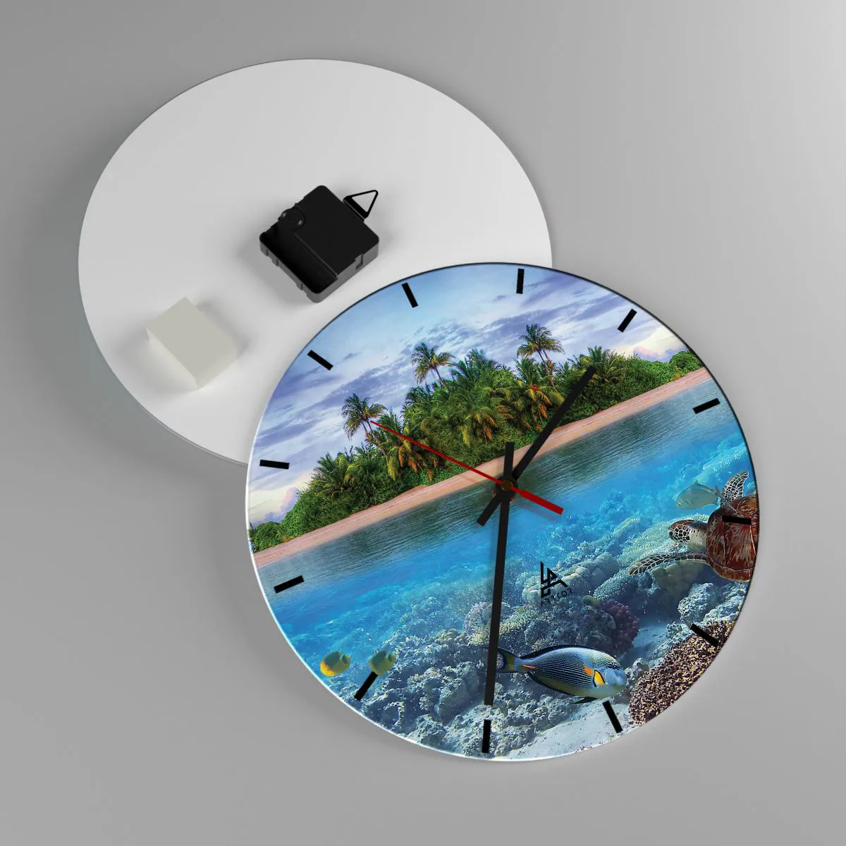 Orologio da parete - Orologio in Vetro - Un'isola esotica con palme e un mondo sottomarino - 30x30cm - L'isola del paradiso dà il benvenuto - Decorazione murale moderna per soggiorno, cucina e camera da letto ARTTOR