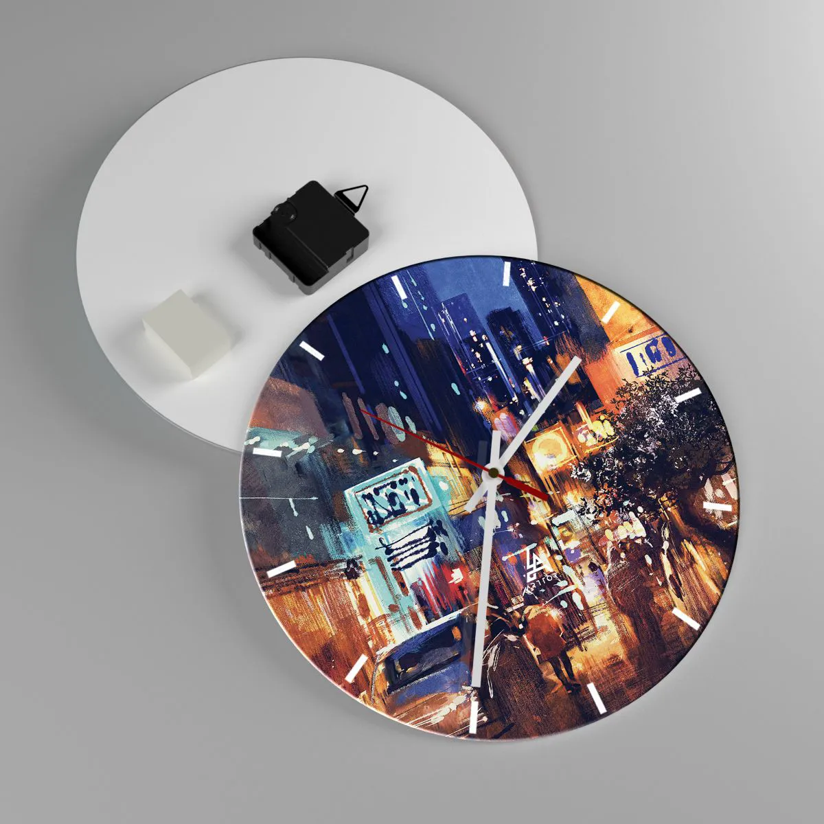 Väggklocka - Klocka på glas - Nattgata i urban konststil - 30x30cm - Och staden sover inte - Modern väggdekoration för vardagsrum, kök och sovrum ARTTOR