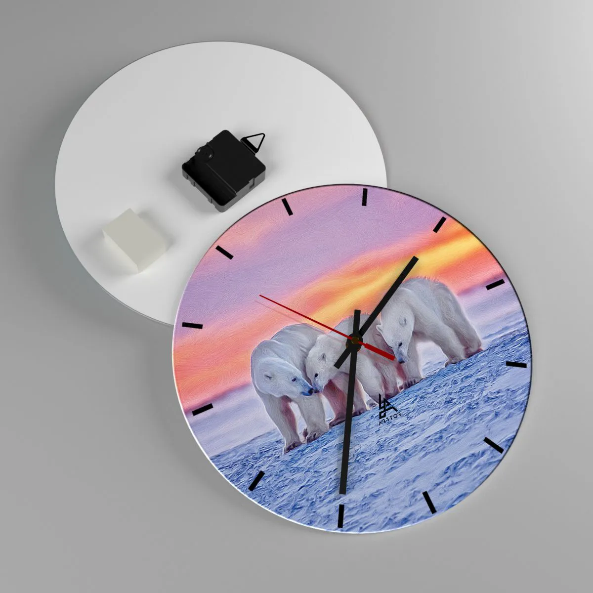 Nástěnné hodiny - Tři lední medvědi ve sněhu při západu slunce - 30x30cm - Stačí rodinné teplo - Moderní nástěnná dekorace do obývacího pokoje, kuchyně a ložnice ARTTOR