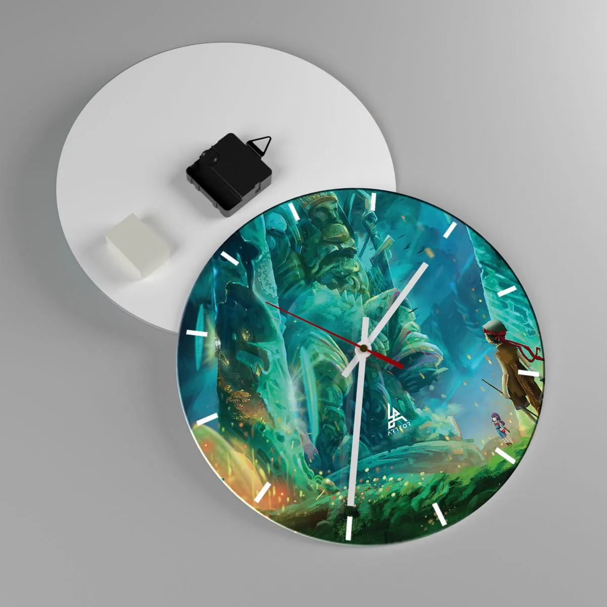 Relógio de parede - Relógio em vidro - Uma paisagem fantástica com figuras e totens - 30x30cm - Do Grande Livro de Contos de Fadas - Decoração de parede moderna para a sala de estar, cozinha e quarto ARTTOR