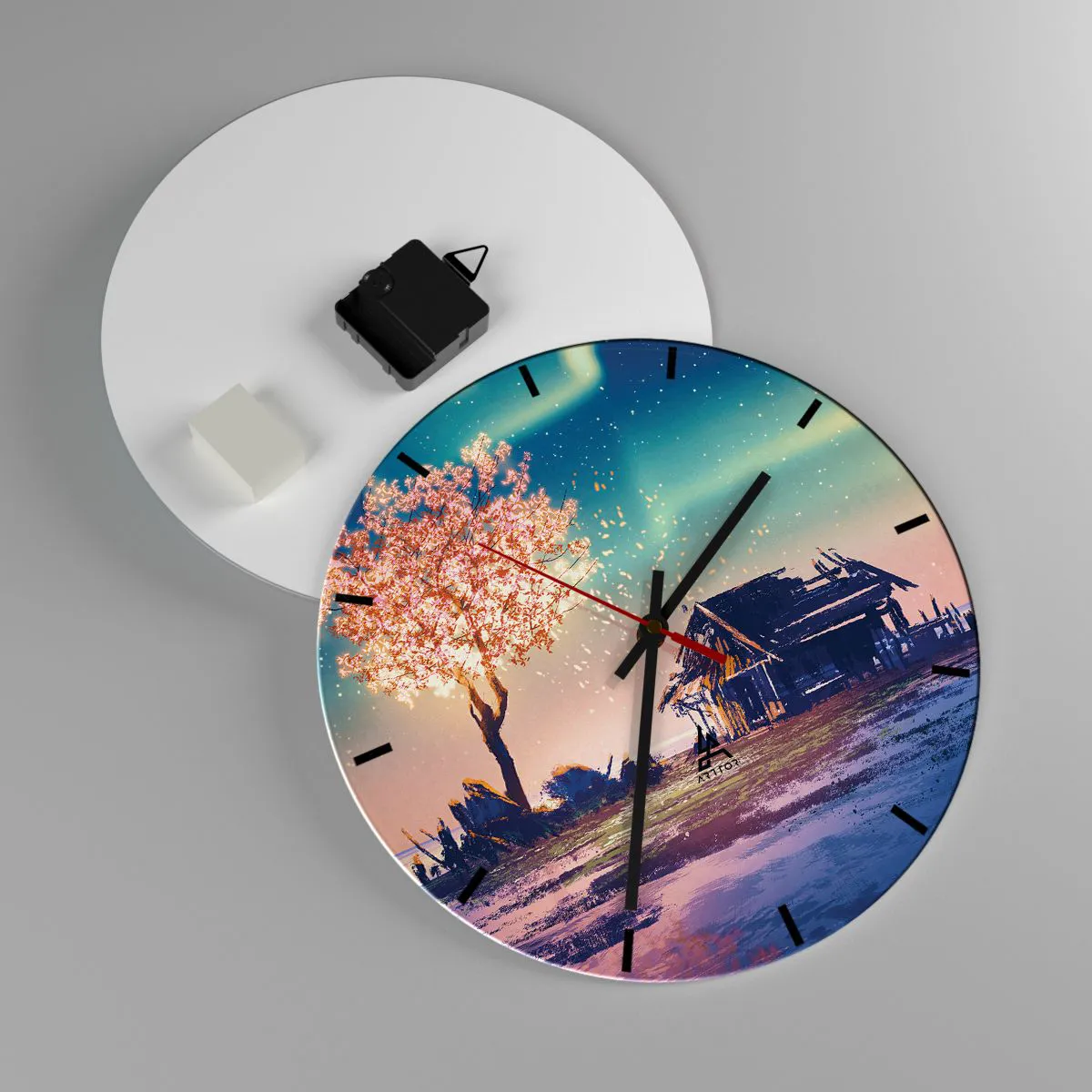 Wanduhr - Glasuhr - Baum und Hütte in der Abenddämmerung - 30x30cm - Die Natur vergeht nicht - Moderne Wanddekoration für Wohnzimmer, Küche und Schlafzimmer ARTTOR