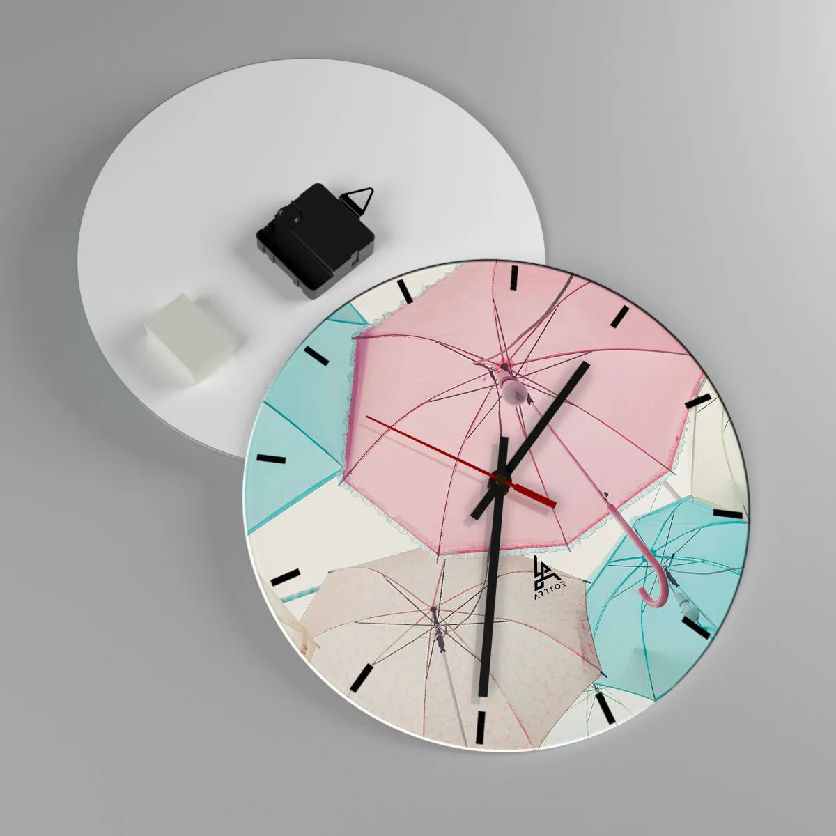 Zegar ścienny - Parasole w pastelowych kolorach - 30x30cm - Czasem słońce, czasem deszcz - Nowoczesna dekoracja ścienna do salonu, kuchni i sypialni ARTTOR
