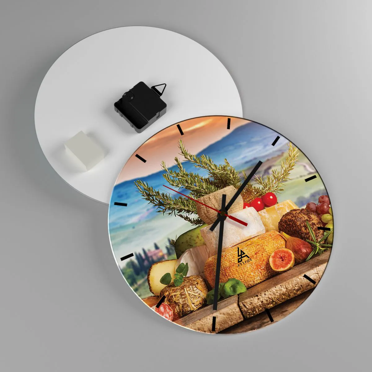 Ceas de perete - Ceas pe sticlă - Platou de brânzeturi cu garnituri pe un fundal peisagistic - 30x30cm - Bucurie de viață în stil italian - Decorațiune modernă pentru perete pentru living, bucătărie și dormitor ARTTOR
