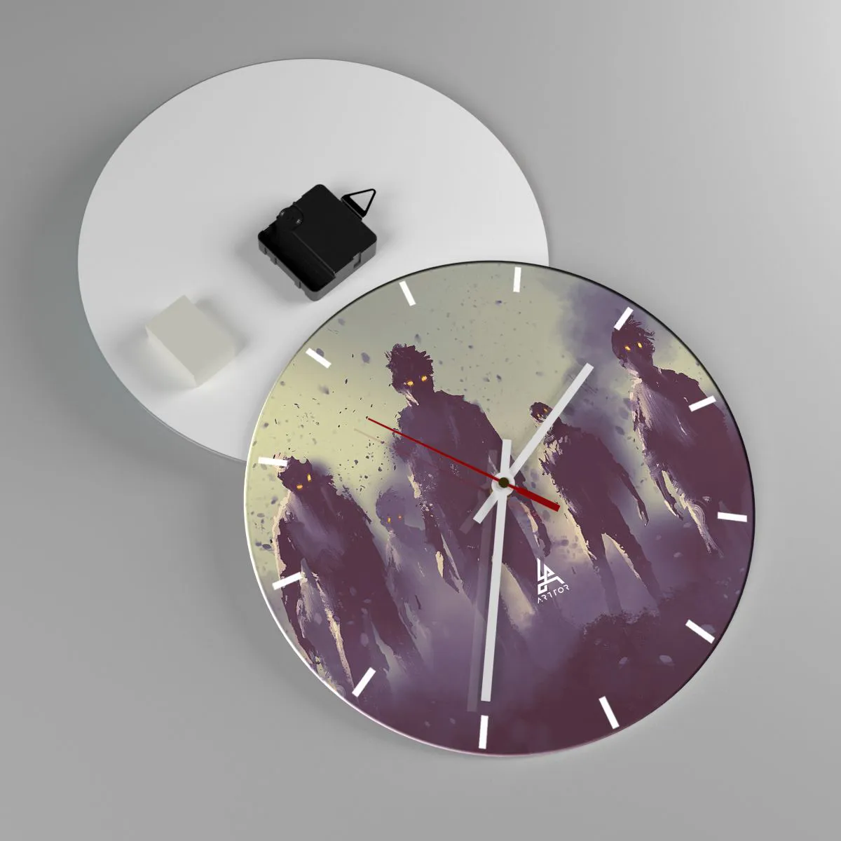 Zegar ścienny - Mroczne postacie w mglistym tle - 30x30cm - Uważaj! Nadchodzą - Nowoczesna dekoracja ścienna do salonu, kuchni i sypialni ARTTOR