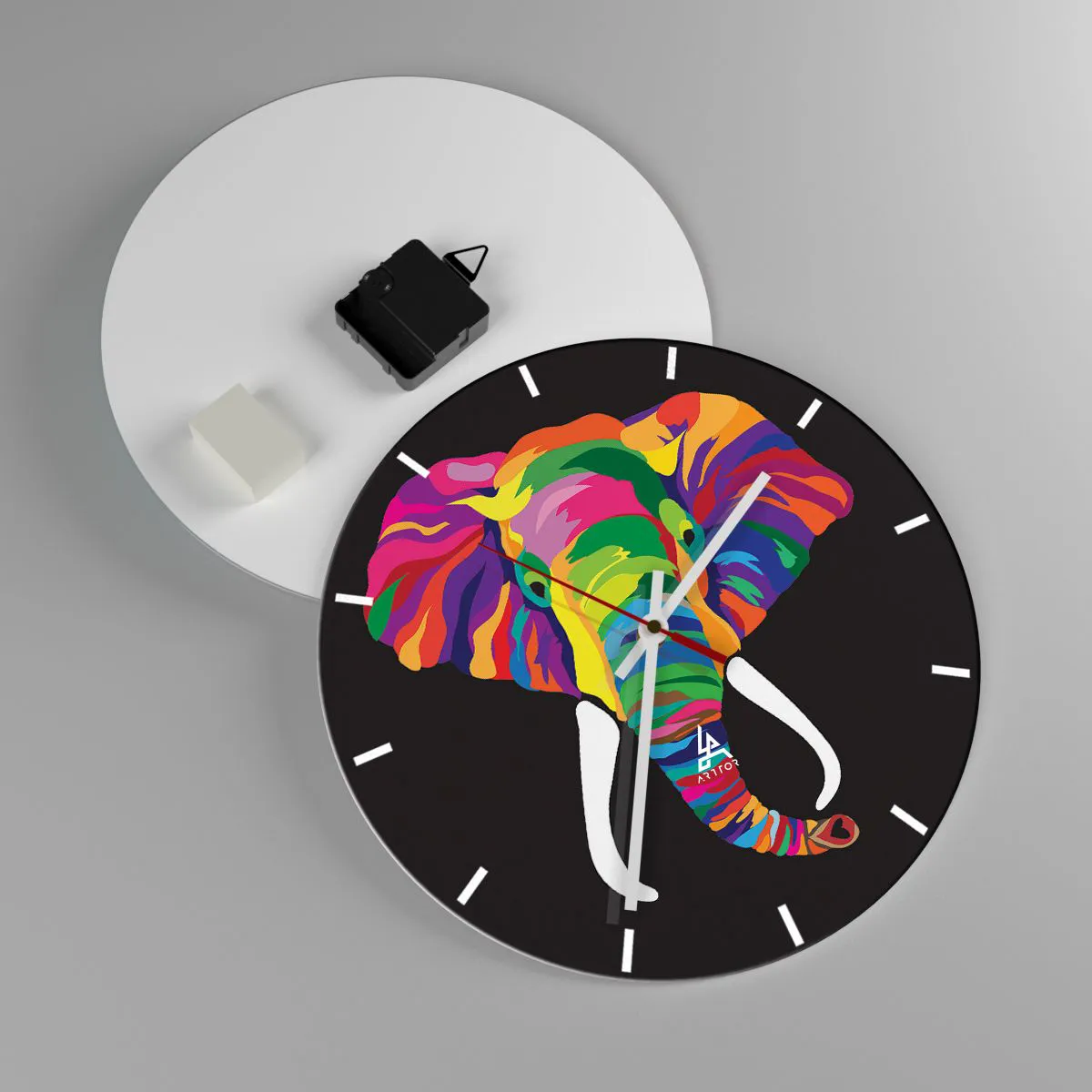 Wall clock - Clock on glass - Colorful elephant on a black background - 30x30cm - Elephant That Enjoyed Rainbow Bath - Modern wall decoration for the living room, kitchen, and bedroom ARTTOR
