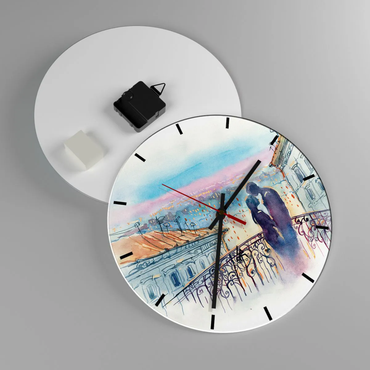 Vægur, Uret - Romantisk par på en balkon med udsigt over byen - 30x30cm - Parisiske elskere - Moderne vægdekoration til stue, køkken og soveværelse ARTTOR