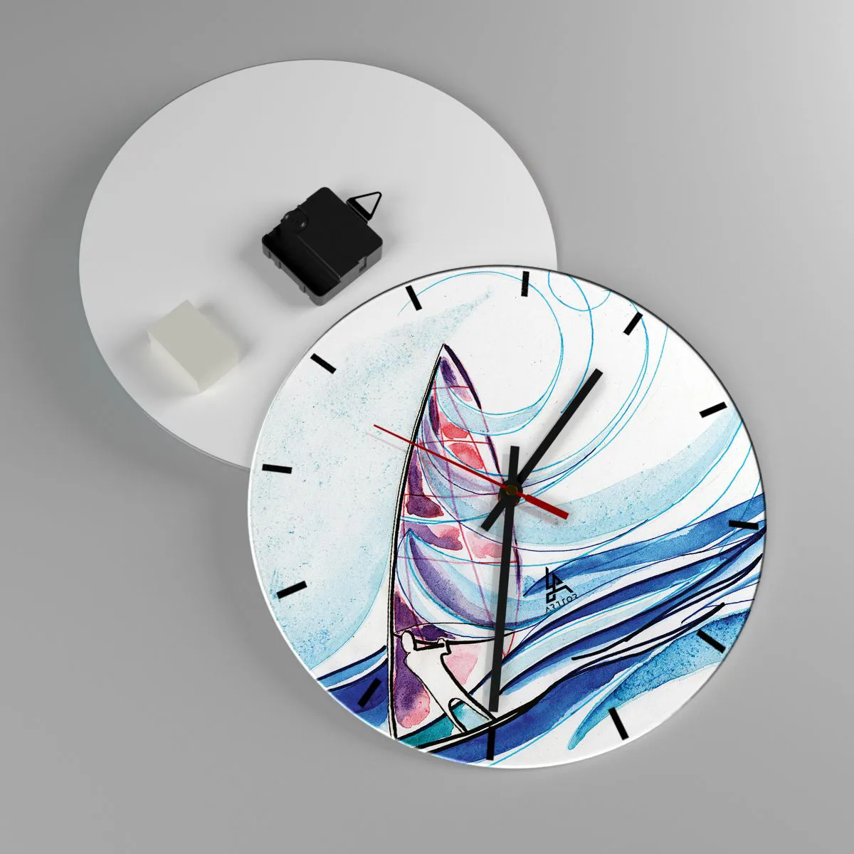 Horloge murale - Pendule murale - Un voilier sur une mer agitée dans une forme dynamique et abstraite - 30x30cm - Avec le vent au rythme des vagues - Décoration murale moderne pour le salon, la cuisine et la chambre ARTTOR