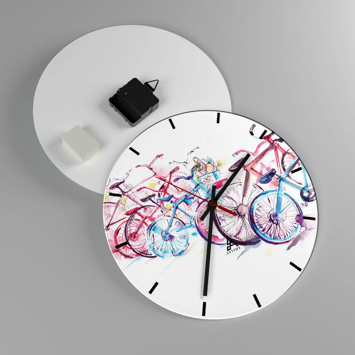Relógio de parede - Relógio em vidro - Bicicletas em aquarela em cores brilhantes sobre fundo branco - 30x30cm - Reunião do Clube Antimoto - Decoração de parede moderna para a sala de estar, cozinha e quarto ARTTOR