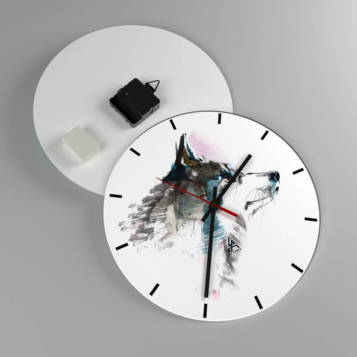 Ceas de perete - Ceas pe sticlă - Un lup în acuarelă în nuanțe delicate pe fundal alb - 30x30cm - Ce știm despre lup - Decorațiune modernă pentru perete pentru living, bucătărie și dormitor ARTTOR