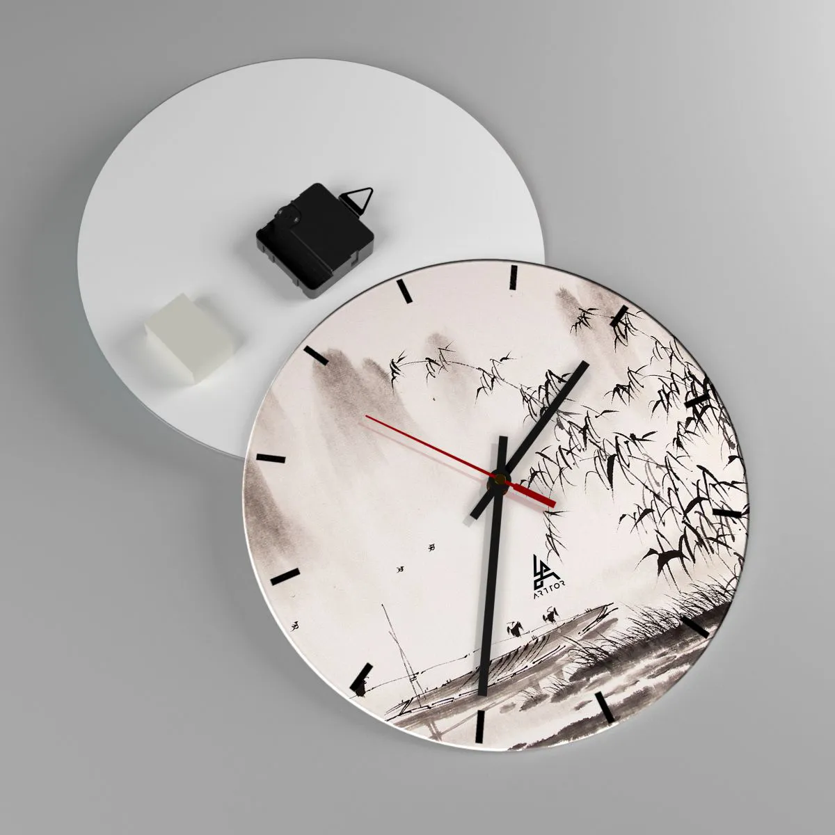 Nástenné hodiny - Minimalistická krajina s bambusom, loďkou a vtákmi v čiernobielej farbe. - 30x30cm - Pokoj ryžových polí - Moderná nástenná dekorácia do obývacej izby, kuchyne a spálne ARTTOR