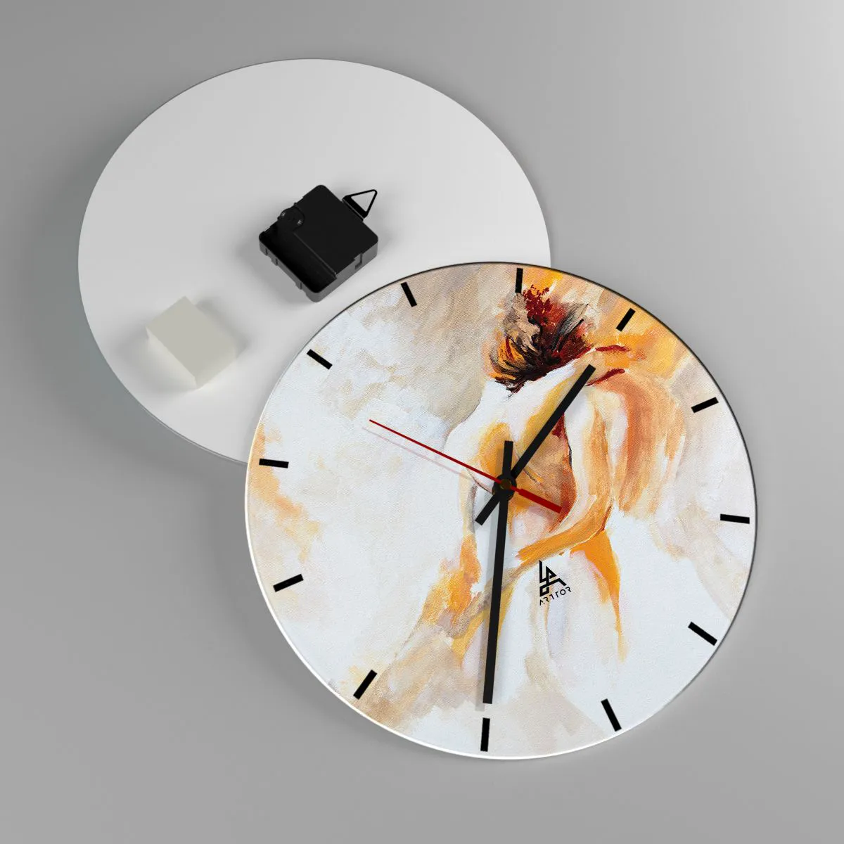 Wanduhr - Glasuhr - Eine künstlerische Darstellung eines eng verbundenen Paares in warmen Farben. - 30x30cm - Am Himmel der Nähe - Moderne Wanddekoration für Wohnzimmer, Küche und Schlafzimmer ARTTOR