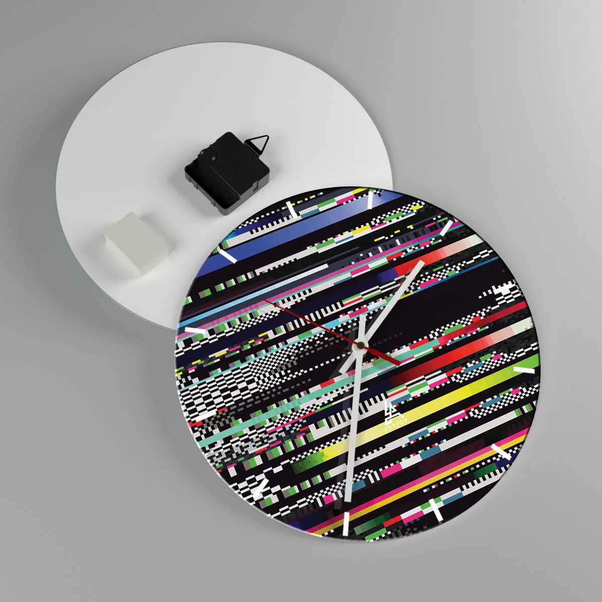 Ceas de perete - Ceas pe sticlă - Pictură abstractă cu dungi multicolore pe fundal negru - 30x30cm - Imaginea controlată a realității - Decorațiune modernă pentru perete pentru living, bucătărie și dormitor ARTTOR