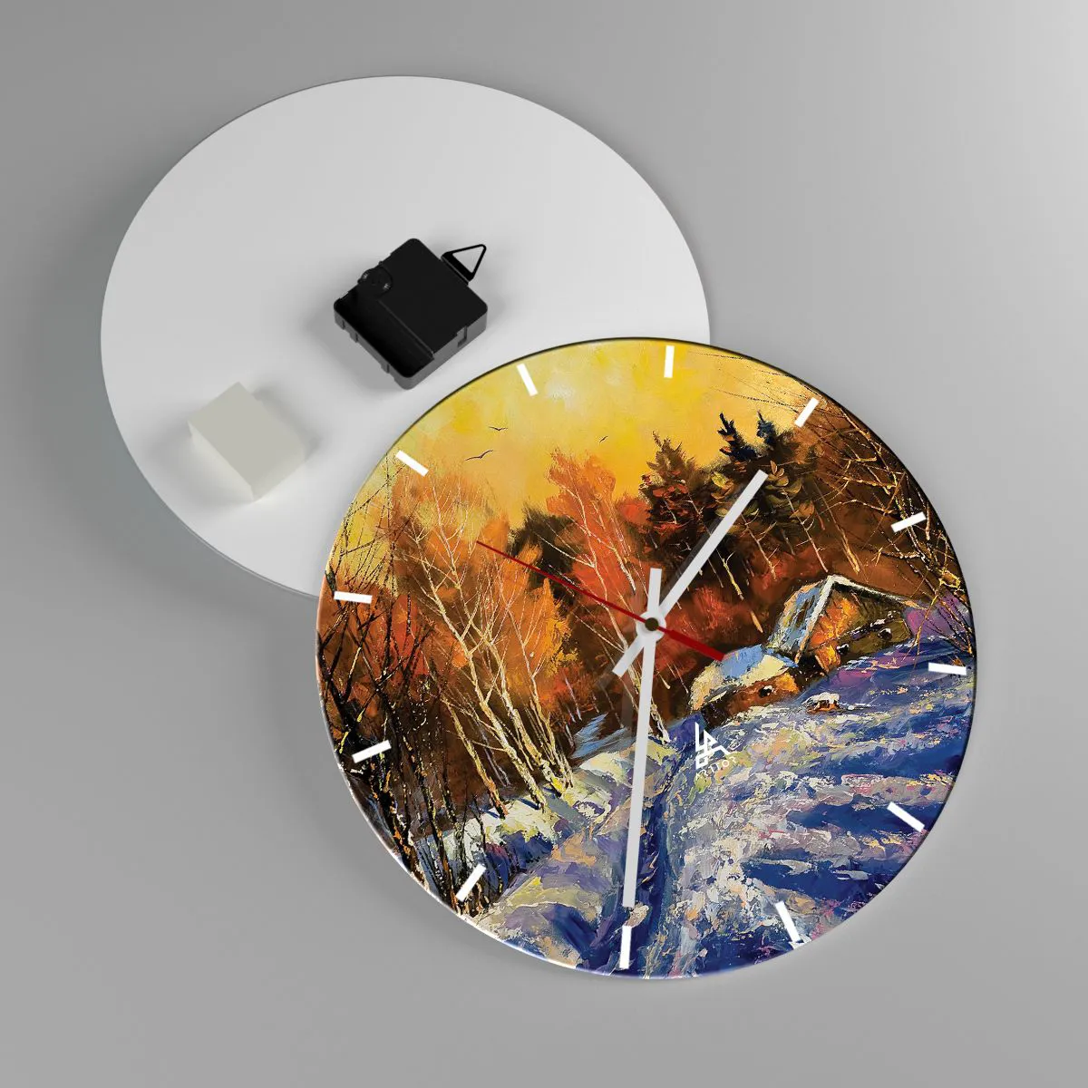 Relógio de parede - Relógio em vidro - Uma casa pitoresca em uma floresta de inverno iluminada por um pôr do sol quente - 30x30cm - Impressão de inverno ao sol - Decoração de parede moderna para a sala de estar, cozinha e quarto ARTTOR