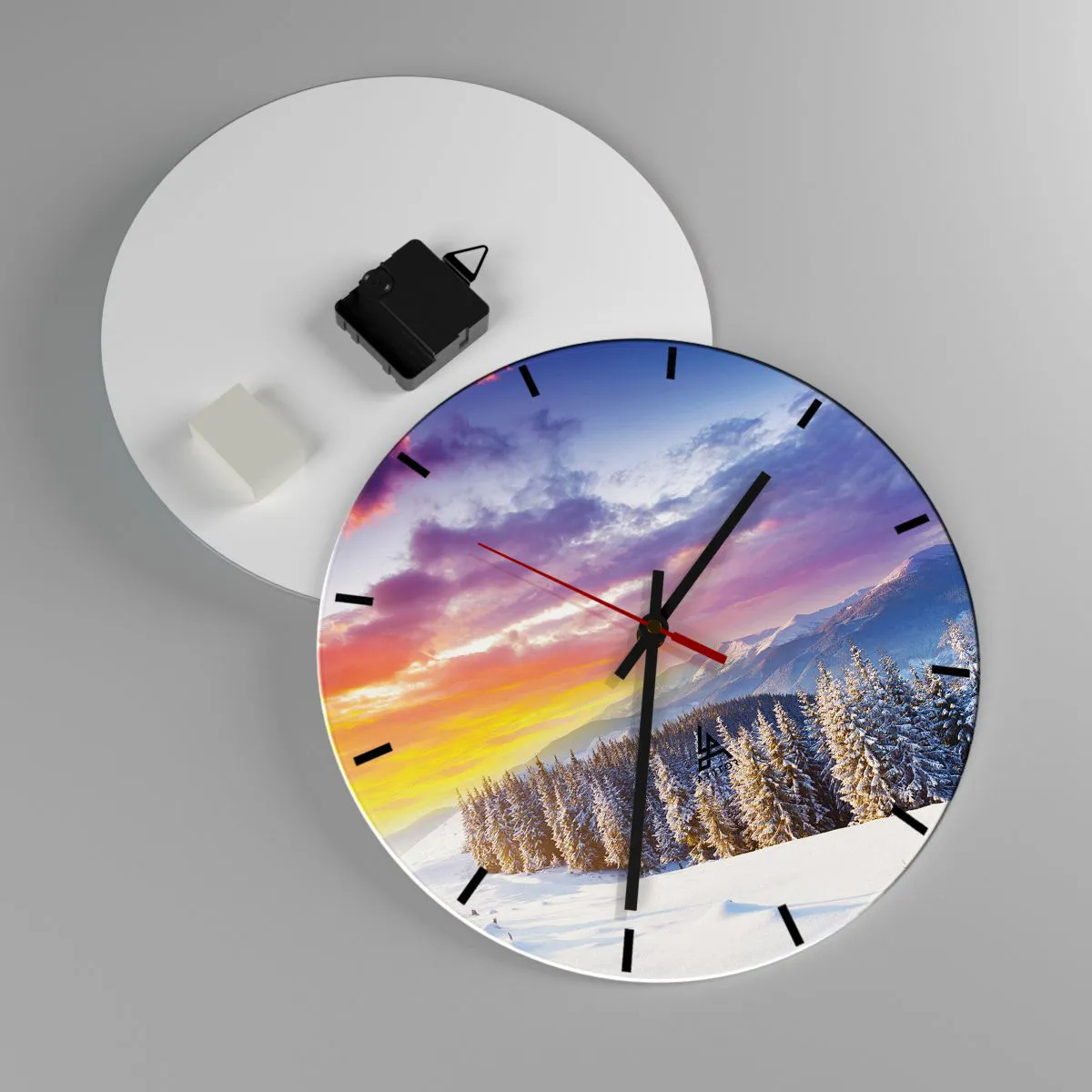 Wall clock - Clock on glass - Clock face with a winter landscape and the setting sun - 30x30cm - In Plain Daylight - Modern wall decoration for the living room, kitchen, and bedroom ARTTOR