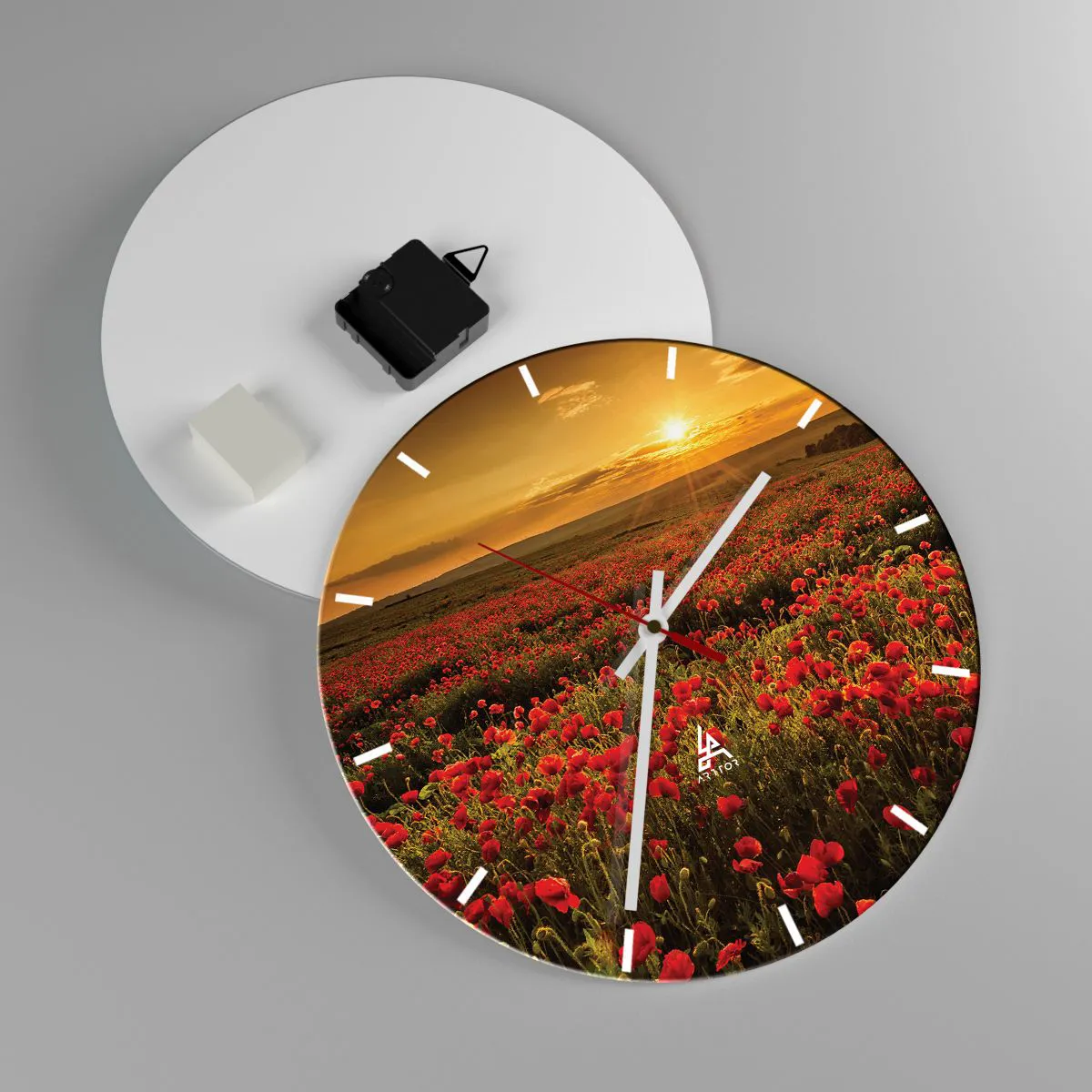 Nástěnné hodiny - Pole červených máků při západu slunce - 30x30cm - Mezi vlnami šumících luk, mezi záplavou květů - Moderní nástěnná dekorace do obývacího pokoje, kuchyně a ložnice ARTTOR