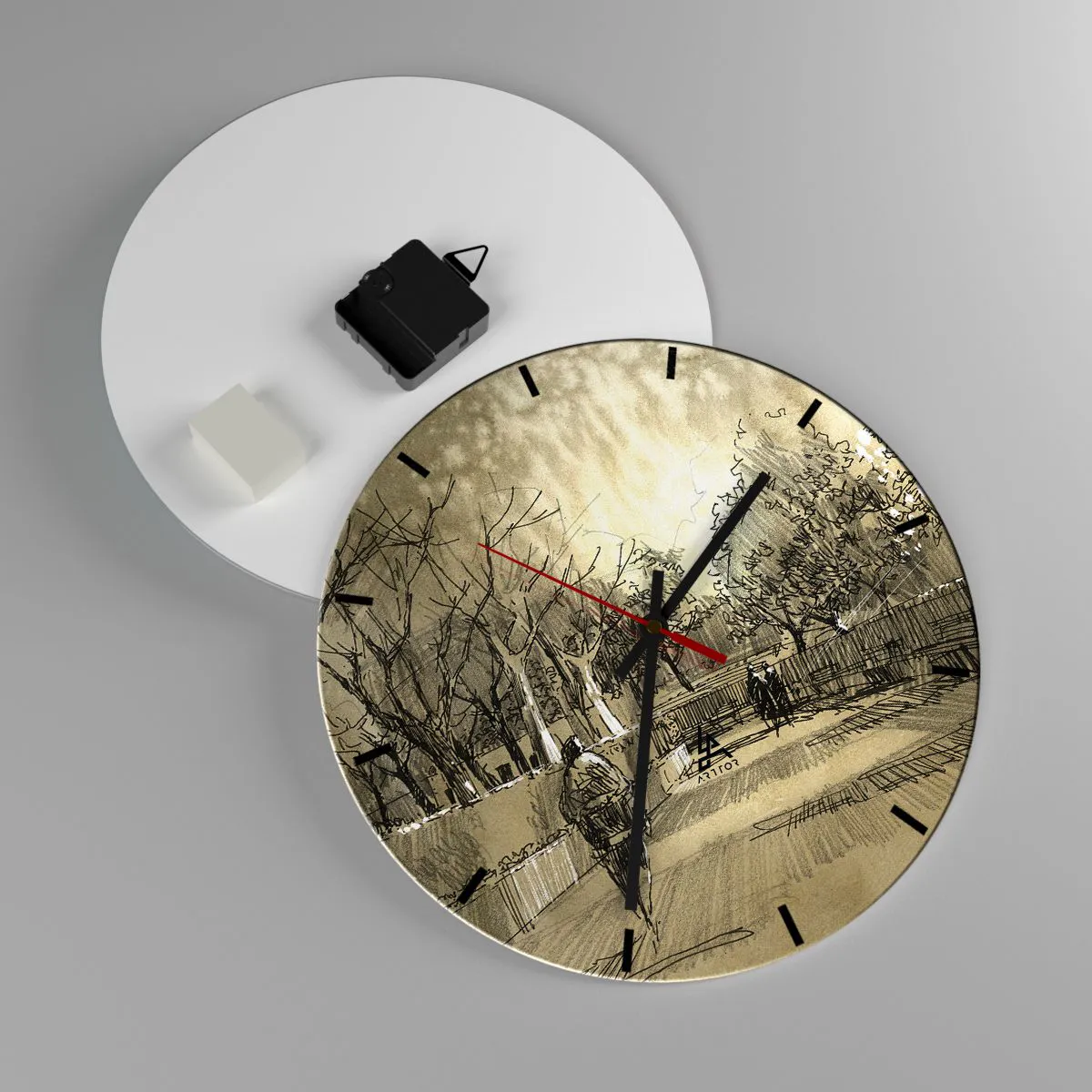 Relógio de parede - Relógio em vidro - Esboço de um passeio em um parque com caminhos e árvores - 30x30cm - Um momento capturado por uma pena - Decoração de parede moderna para a sala de estar, cozinha e quarto ARTTOR