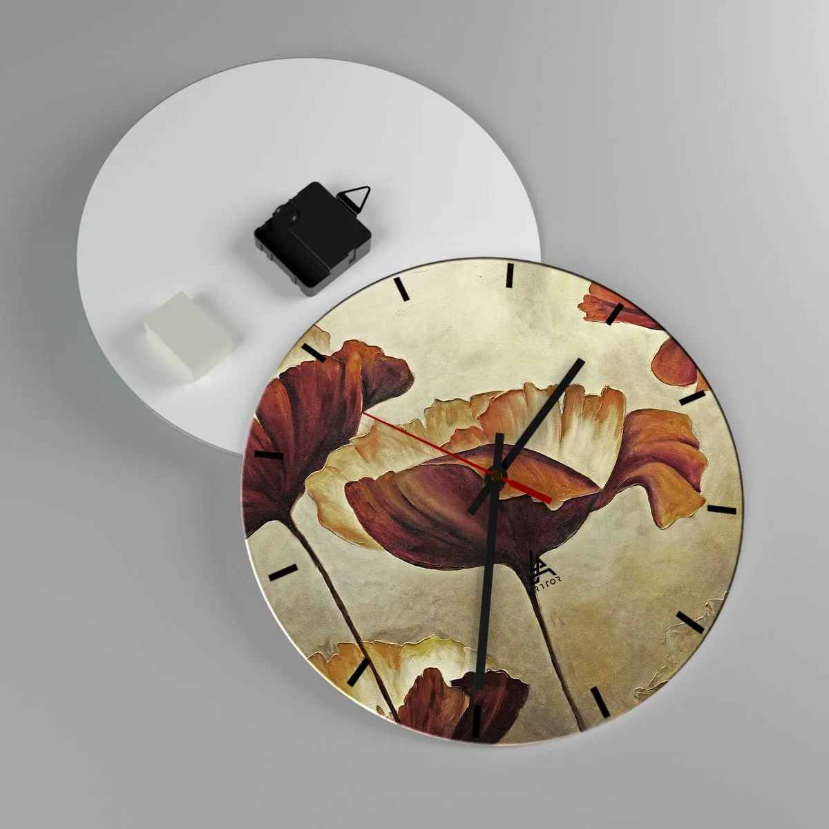 Väggklocka - Klocka på glas - Konstnärligt blommotiv i varma bruna och beige toner - 30x30cm - Ängsblommor - Modern väggdekoration för vardagsrum, kök och sovrum ARTTOR