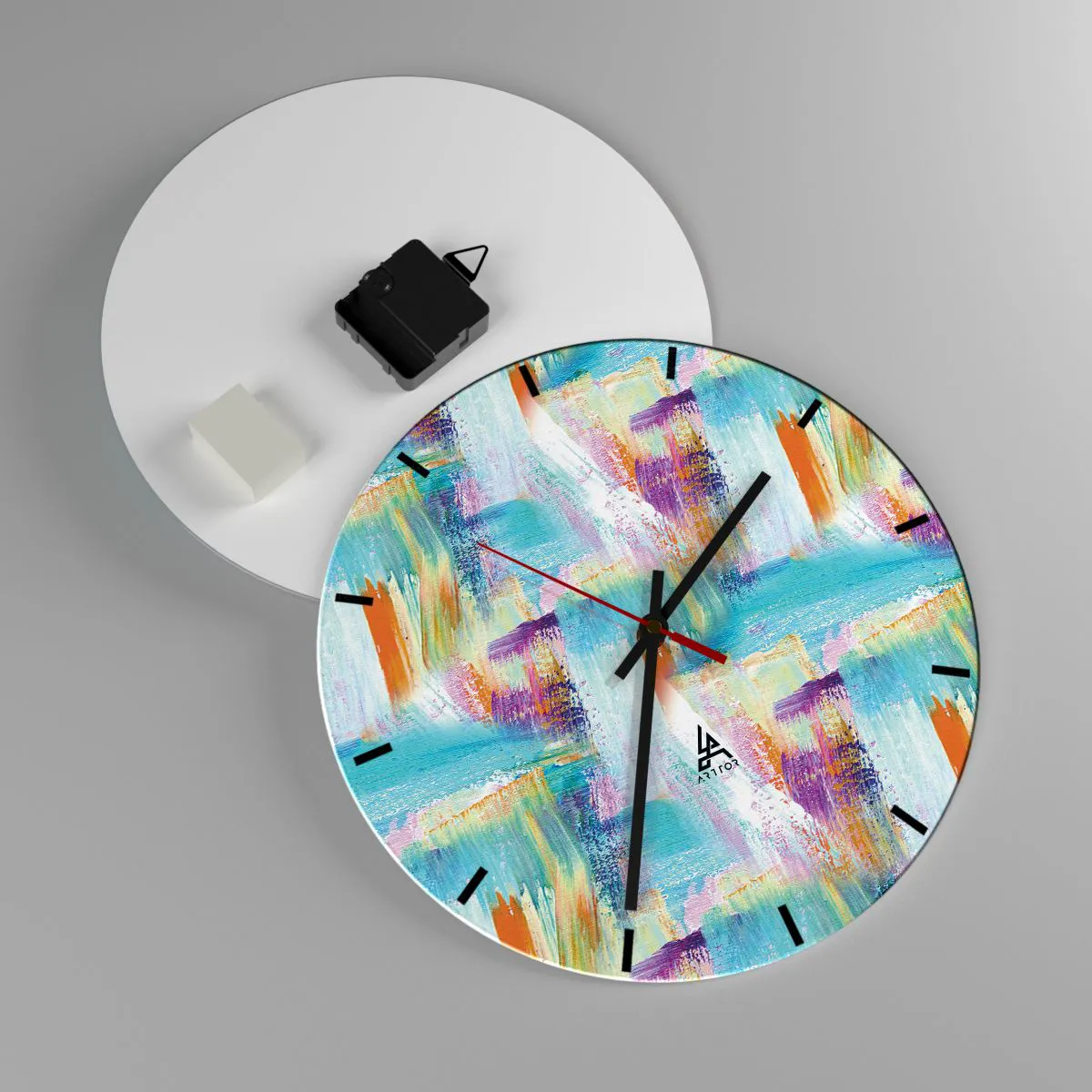 Väggklocka - Klocka på glas - Abstrakta penseldrag i livfulla färger - 30x30cm - Glatt klotter - Modern väggdekoration för vardagsrum, kök och sovrum ARTTOR