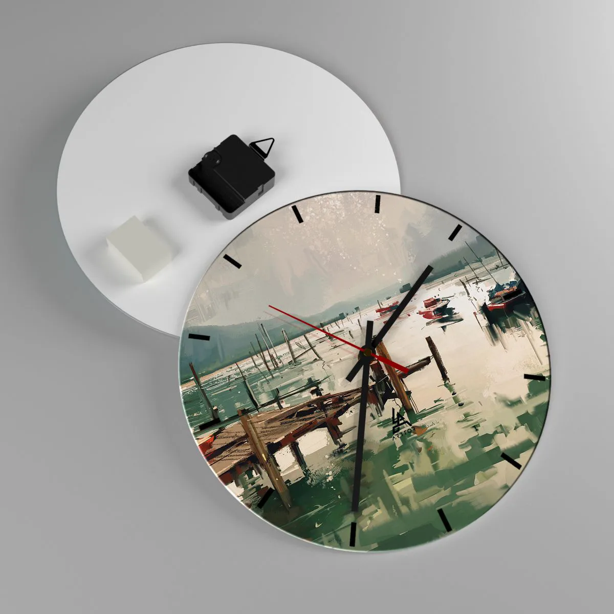 Wandklok - Klok - Sfeervolle pier met boten op kalm water - 30x30cm - Gedrenkt in een gesmolten maan - Moderne wanddecoratie voor woonkamer, keuken en slaapkamer ARTTOR