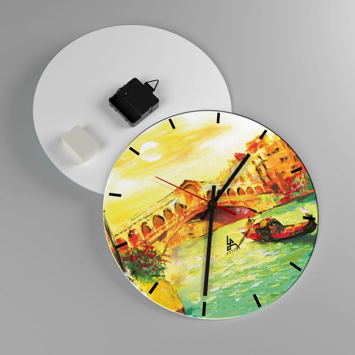 Relógio de parede - Relógio em vidro - Uma cena com uma gôndola tendo como pano de fundo uma ponte em cores douradas - 30x30cm - Romaria dos amantes - Decoração de parede moderna para a sala de estar, cozinha e quarto ARTTOR