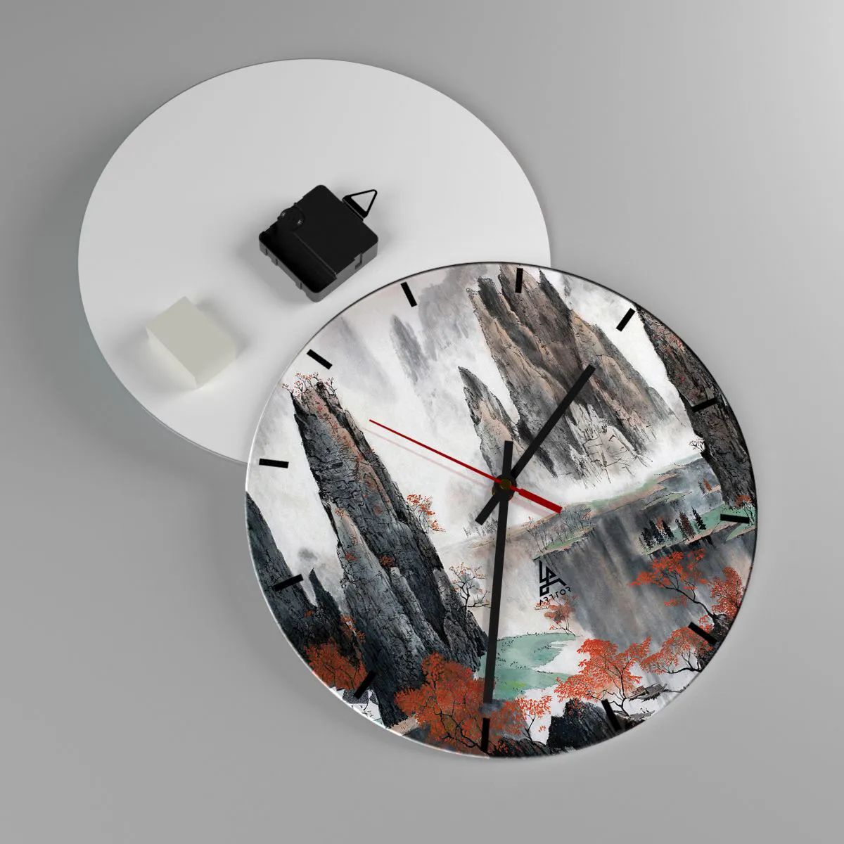 Wall clock - Clock on glass - Traditional mountain landscape with fog and red trees - 30x30cm - Giant Wardens - Modern wall decoration for the living room, kitchen, and bedroom ARTTOR