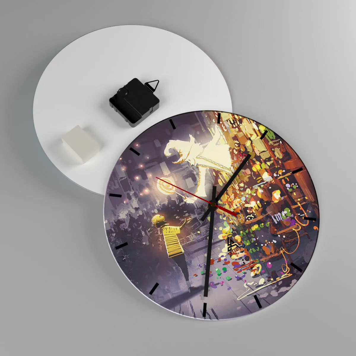 Ceas de perete - Ceas pe sticlă - O pictură fantastică cu un magician și un copil înconjurați de lumini colorate. - 30x30cm - Vrăjitoria există - Decorațiune modernă pentru perete pentru living, bucătărie și dormitor ARTTOR