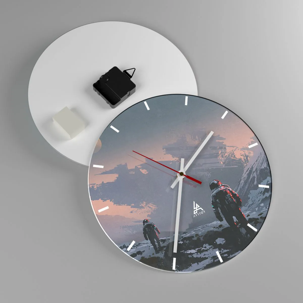 Zegar ścienny - Astronauci na obcej planecie z wrakiem statku kosmicznego - 30x30cm - Pod nieznaną gwiazdą - Nowoczesna dekoracja ścienna do salonu, kuchni i sypialni ARTTOR