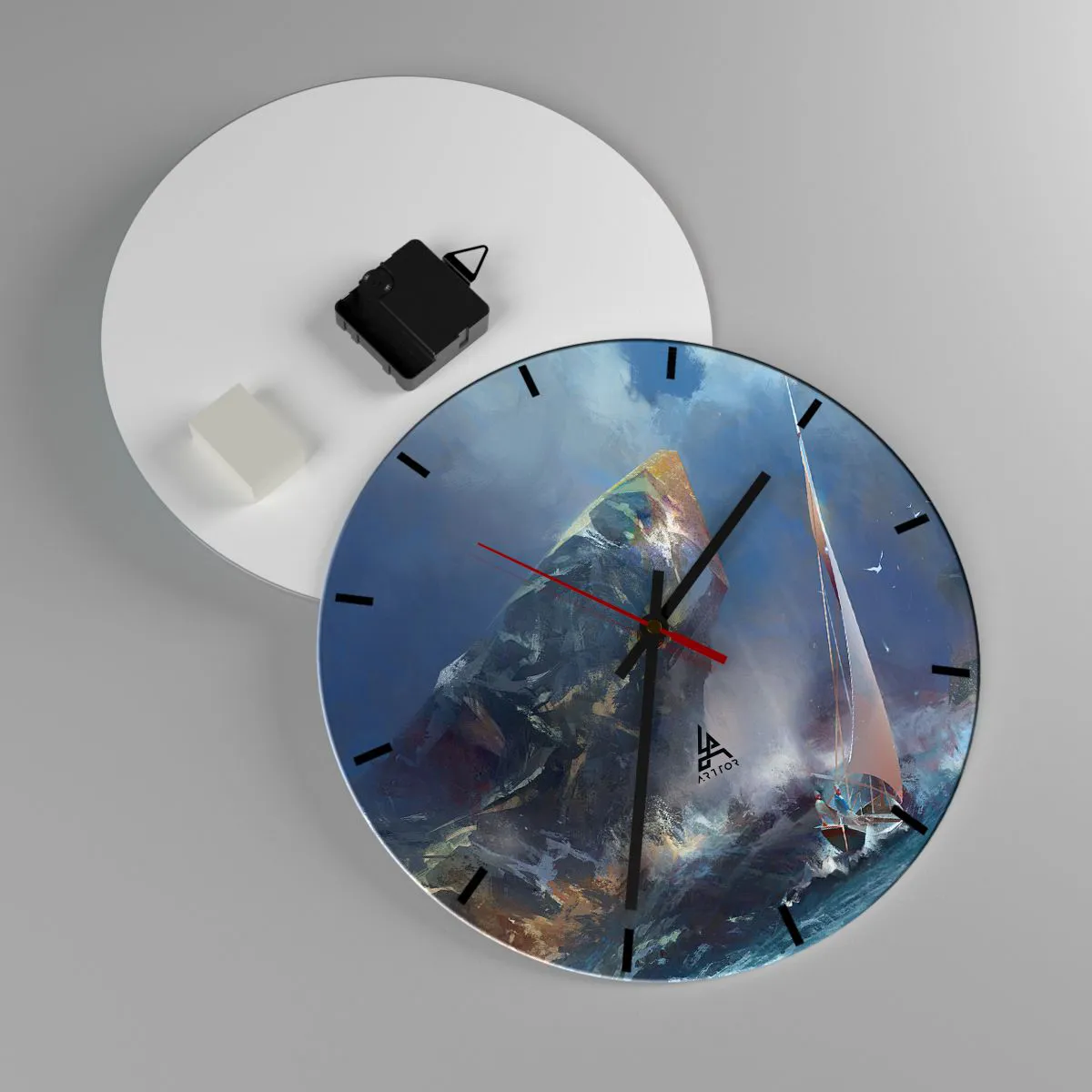 Horloge murale - Pendule murale - Un yacht dans une mer agitée près des rochers dans un style abstrait. - 30x30cm - Celui qui est courageux, gagne - Décoration murale moderne pour le salon, la cuisine et la chambre ARTTOR