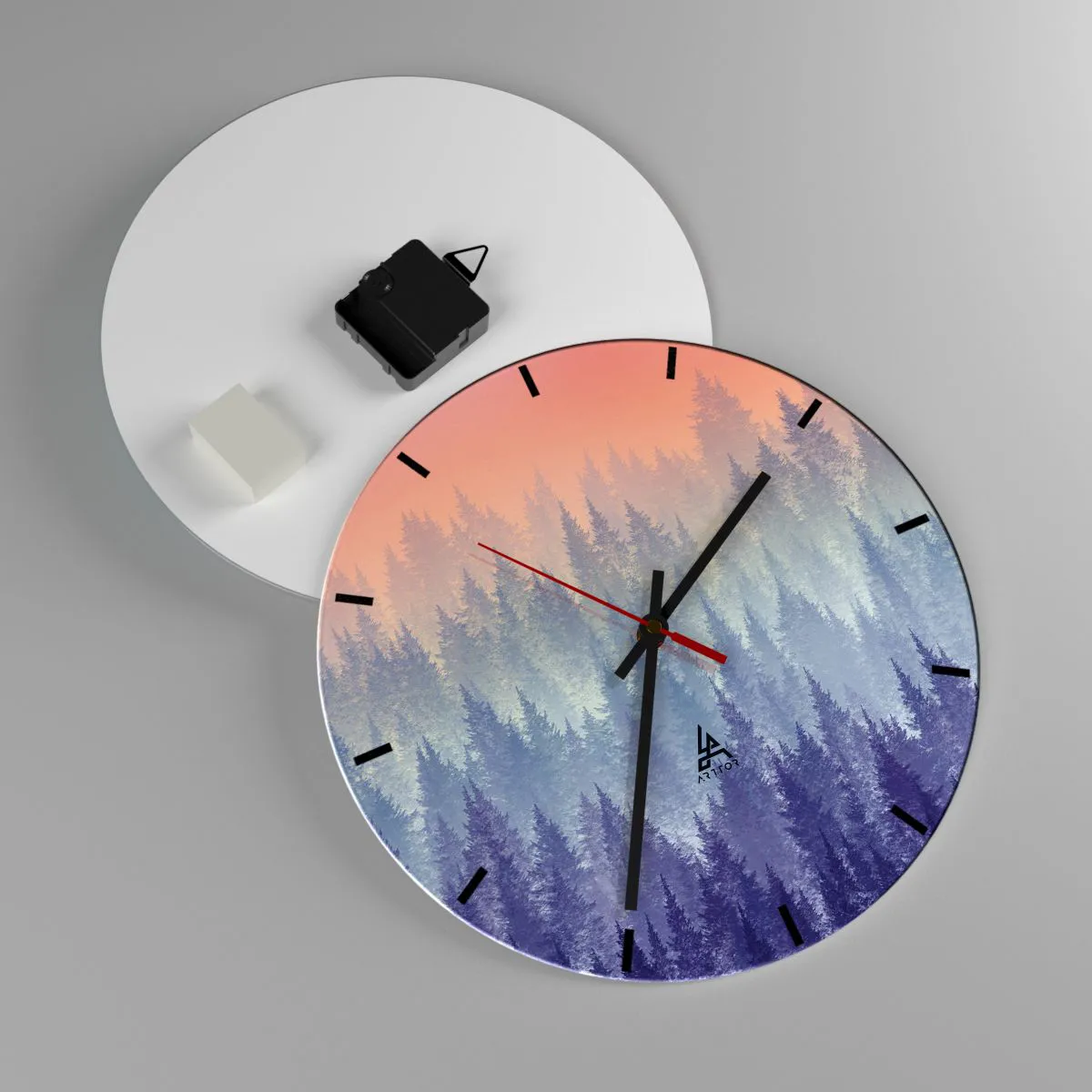 Vægur, Uret - Skov ved solopgang i pastelfarver - 30x30cm - Højt, højere, til himlen - Moderne vægdekoration til stue, køkken og soveværelse ARTTOR