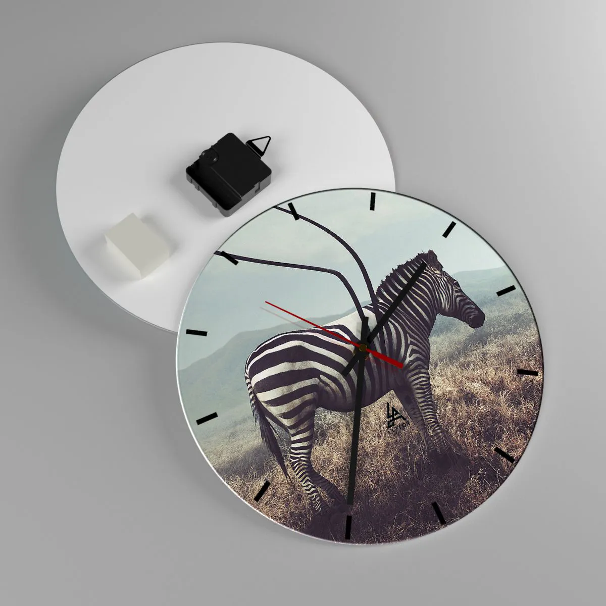 Ceas de perete - Ceas pe sticlă - O zebră într-un cadru natural pe fundalul savanei - 30x30cm - Atenție! Defecțiune - Decorațiune modernă pentru perete pentru living, bucătărie și dormitor ARTTOR