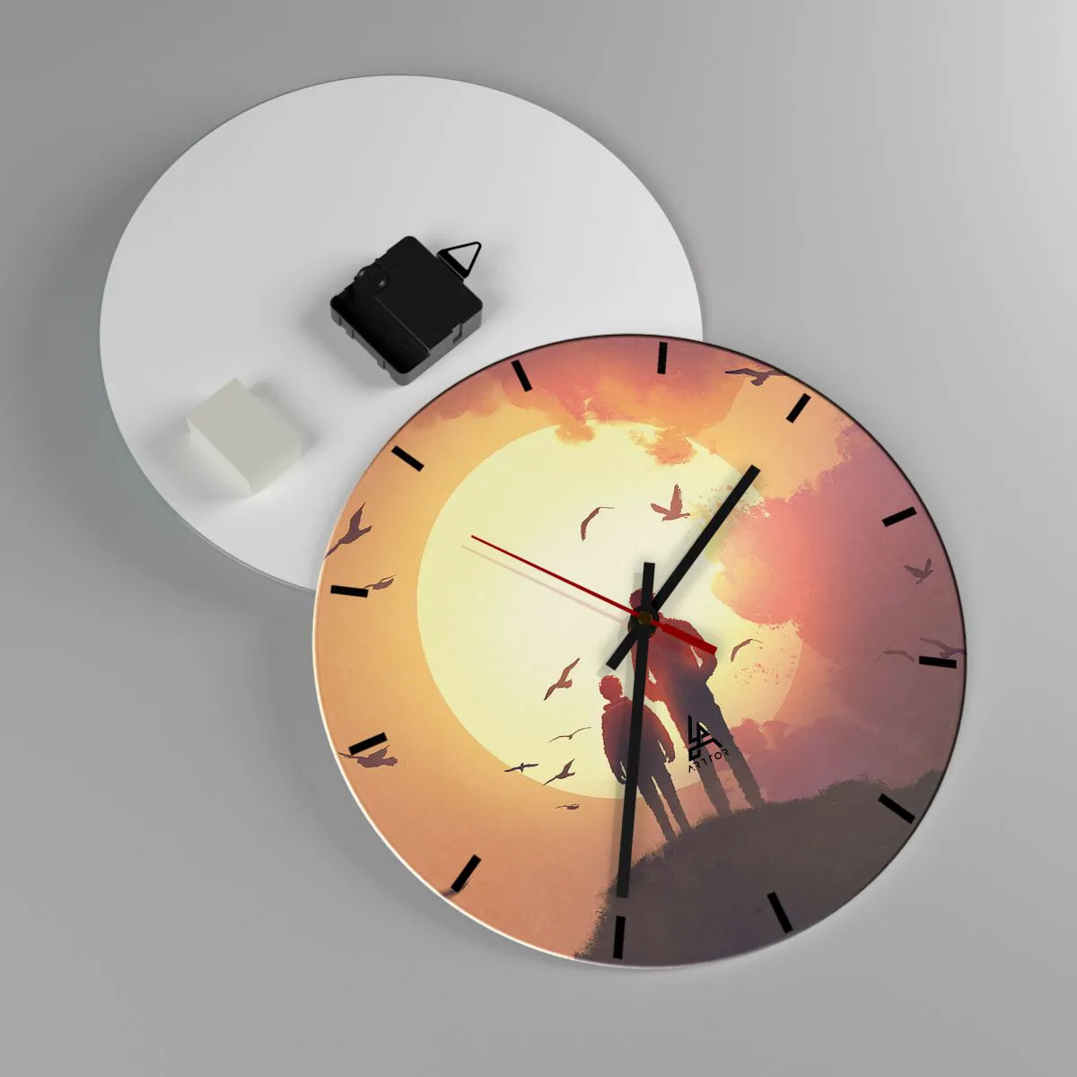 Wall clock - Clock on glass - Figures against the backdrop of the setting sun and birds - 30x30cm - Face to Face with the Sun - Modern wall decoration for the living room, kitchen, and bedroom ARTTOR