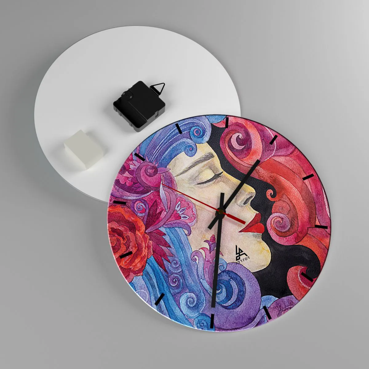 Zegar ścienny - Kolorowa twarz z artystycznymi ornamentami - 30x30cm - Secesja wciąż żywa - Nowoczesna dekoracja ścienna do salonu, kuchni i sypialni ARTTOR