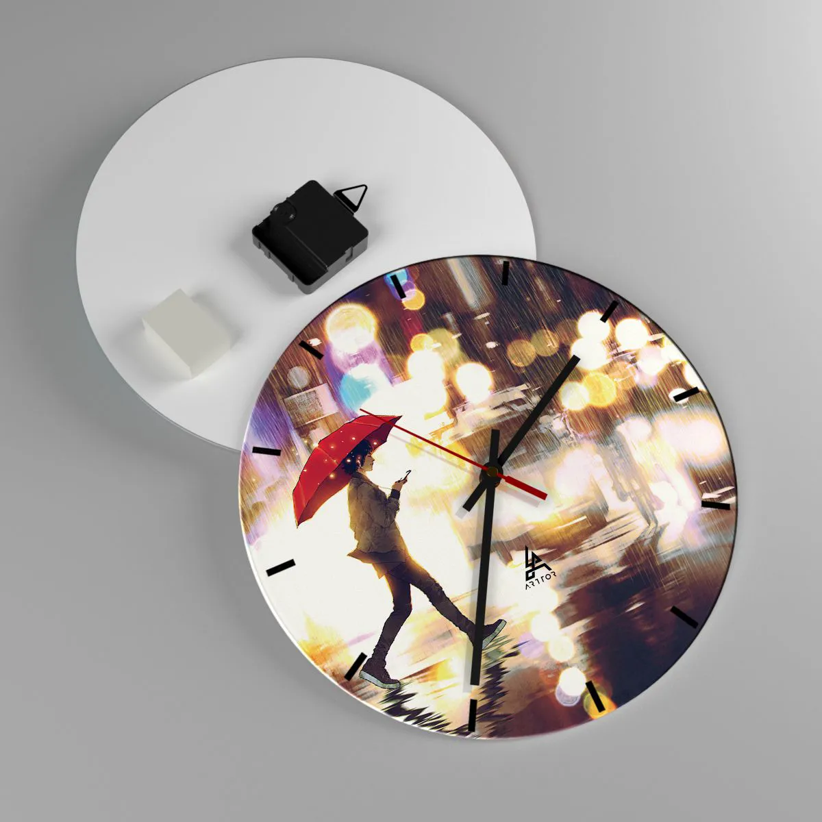 Ceas de perete - Ceas pe sticlă - figură cu o umbrelă roșie pe fundalul luminilor nocturne ale orașului - 30x30cm - Și totuși este însorită - Decorațiune modernă pentru perete pentru living, bucătărie și dormitor ARTTOR