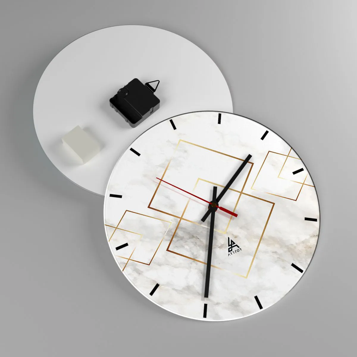 Ceas de perete - Ceas pe sticlă - Modele geometrice aurii pe un fundal de marmură albă - 30x30cm - Vedere spre infinit - Decorațiune modernă pentru perete pentru living, bucătărie și dormitor ARTTOR