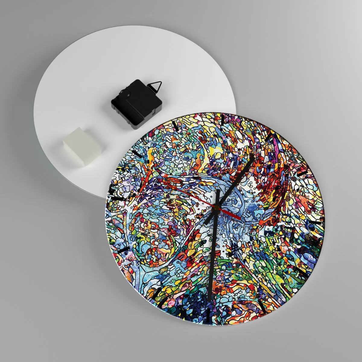 Relógio de parede - Relógio em vidro - Um mosaico colorido em estilo abstrato cheio de energia - 30x30cm - Vitrais gotejantes - Decoração de parede moderna para a sala de estar, cozinha e quarto ARTTOR