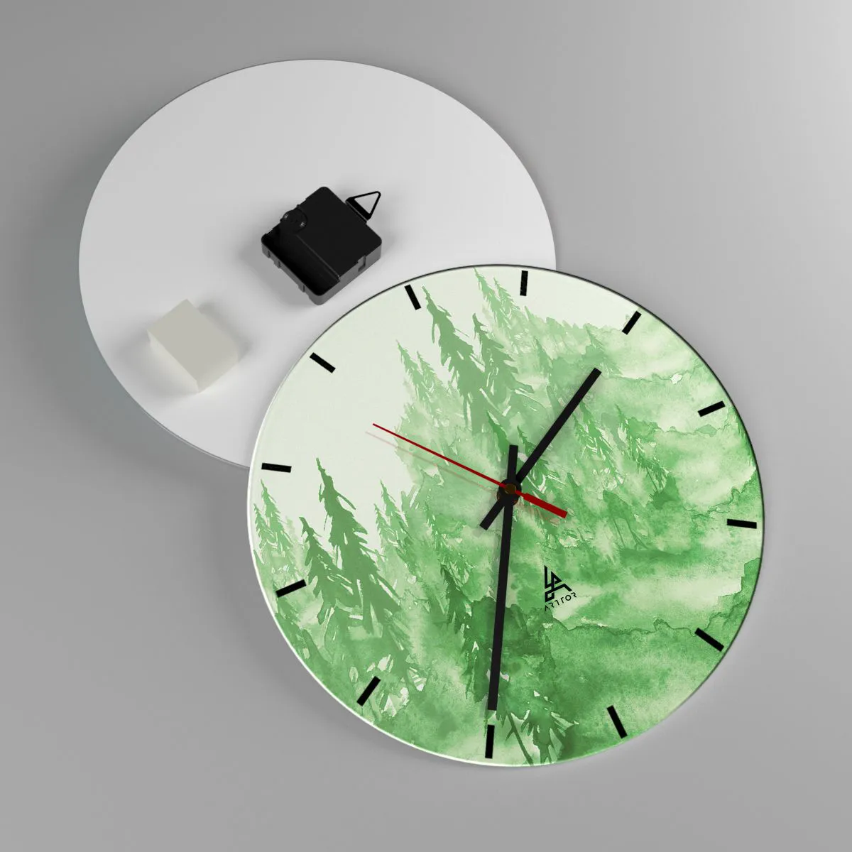 Ceas de perete - Ceas pe sticlă - O pădure verde într-un stil acuarelă plin de armonie - 30x30cm - Neclar prin ceața verde - Decorațiune modernă pentru perete pentru living, bucătărie și dormitor ARTTOR