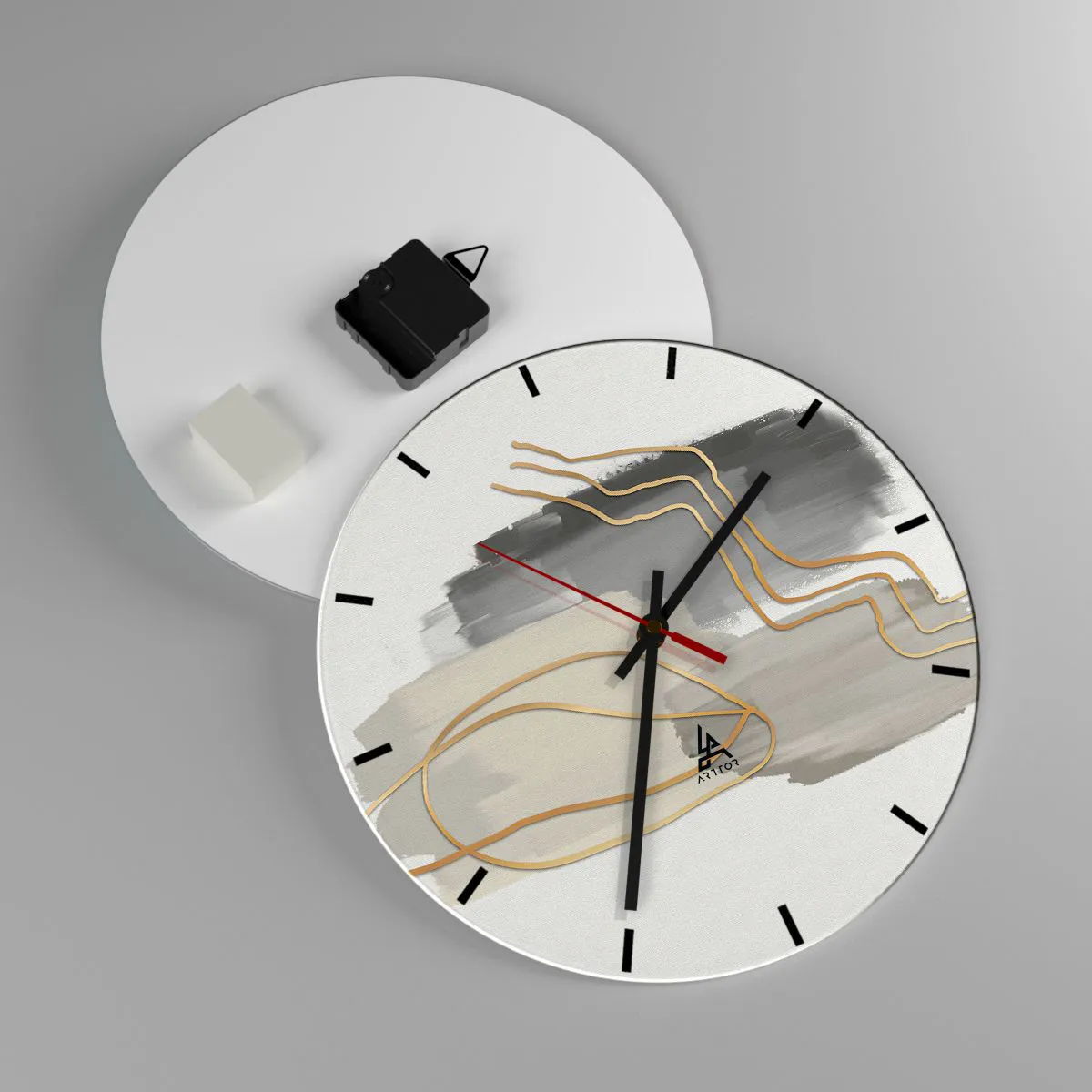 Wanduhr - Glasuhr - Abstrakte Komposition mit grauen und goldenen Linien - 30x30cm - Dauer und Bewegung - Moderne Wanddekoration für Wohnzimmer, Küche und Schlafzimmer ARTTOR