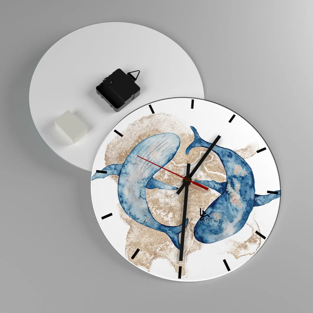 Ceas de perete - Ceas pe sticlă - Balene albastre pe nisipul auriu - 30x30cm - Prietenie sau iubire? - Decorațiune modernă pentru perete pentru living, bucătărie și dormitor ARTTOR