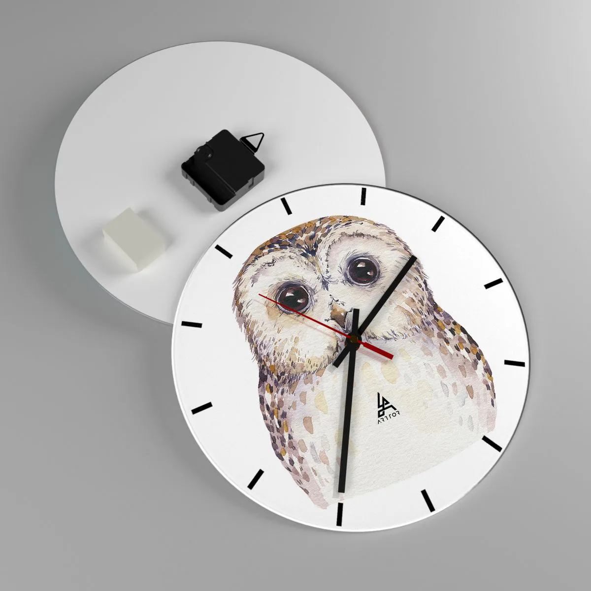 Wanduhr - Glasuhr - Aquarell Eule mit großen Augen auf weißem Hintergrund - 30x30cm - Schau mir in die Augen - Moderne Wanddekoration für Wohnzimmer, Küche und Schlafzimmer ARTTOR