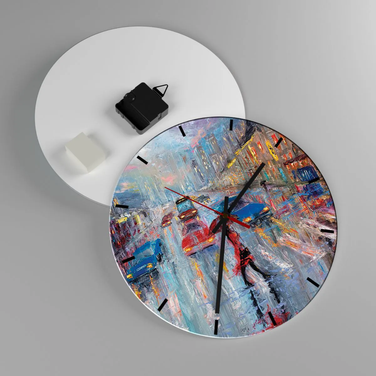 Horloge murale - Pendule murale - Paysage urbain sous la pluie avec des lumières colorées - 30x30cm - Après-midi pluvieux en ville - Décoration murale moderne pour le salon, la cuisine et la chambre ARTTOR