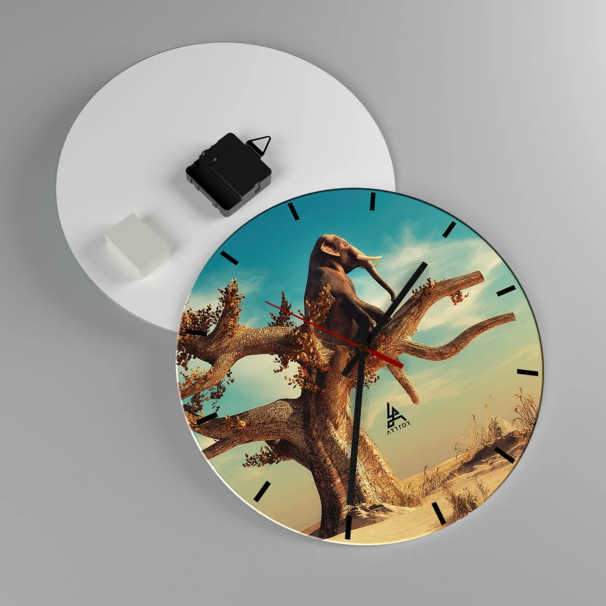 Vægur, Uret - En elefant sidder på et træ i et surrealistisk landskab - 30x30cm - Et nyt synspunkt - Moderne vægdekoration til stue, køkken og soveværelse ARTTOR