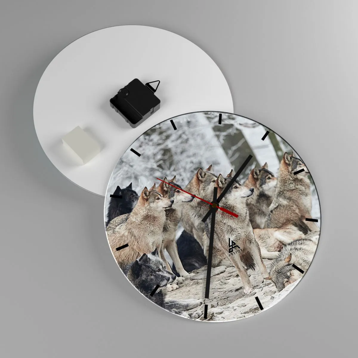 Wall clock - Clock on glass - A pack of wolves in a winter forest in a natural setting - 30x30cm - Family and Friends - Modern wall decoration for the living room, kitchen, and bedroom ARTTOR