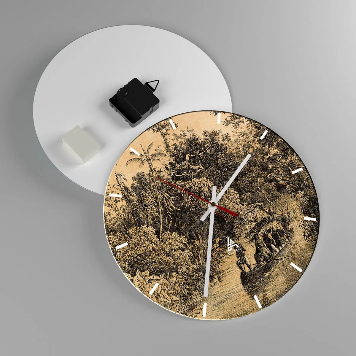 Ceas de perete - Ceas pe sticlă - Ilustrație retro a unei expediții în junglă tropicală - 30x30cm - Călătorie la sursă - Decorațiune modernă pentru perete pentru living, bucătărie și dormitor ARTTOR