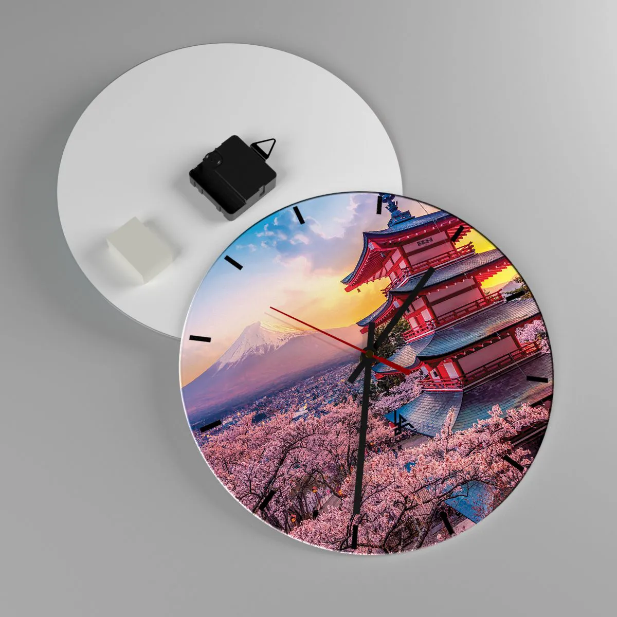 Ceas de perete - Ceas pe sticlă - O pagodă printre flori de cireș, cu Muntele Fuji în fundal - 30x30cm - Esența spiritului japonez - Decorațiune modernă pentru perete pentru living, bucătărie și dormitor ARTTOR
