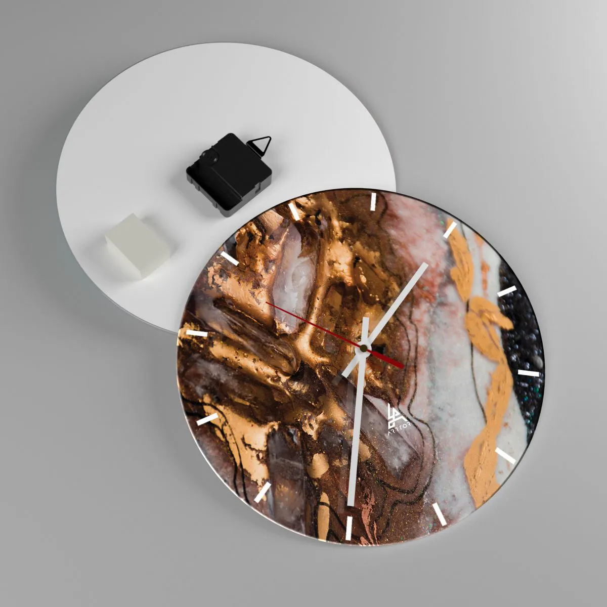 Relógio de parede - Relógio em vidro - Composição abstrata com texturas de ouro e minerais - 30x30cm - O elemento terra - Decoração de parede moderna para a sala de estar, cozinha e quarto ARTTOR