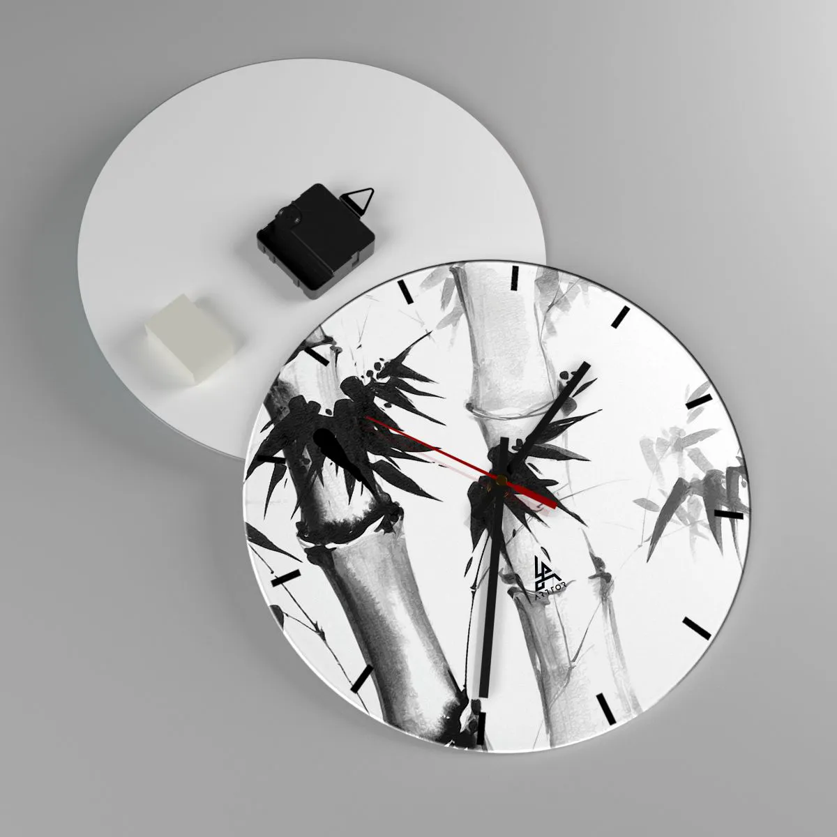 Wanduhr - Glasuhr - Schwarz und weiß bemalte Bambusse auf weißem Hintergrund - 30x30cm - Dem Orient ganz nah - Moderne Wanddekoration für Wohnzimmer, Küche und Schlafzimmer ARTTOR