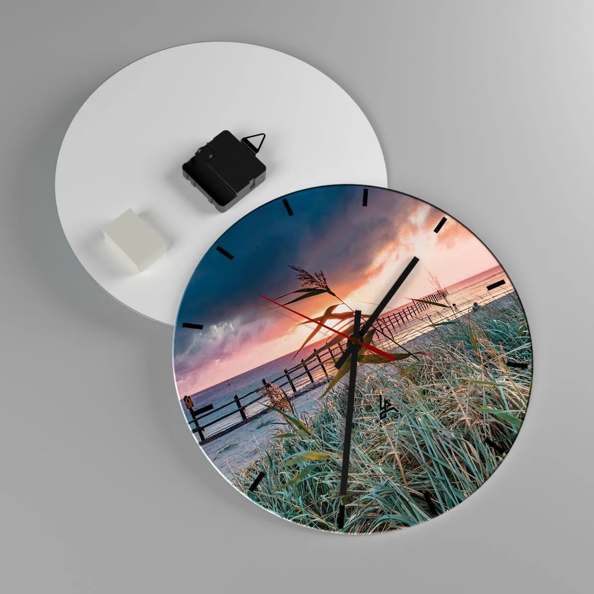 Wall clock - Clock on glass - A view of the pier at sunset with grasses in the foreground - 30x30cm - Not Gone with the Wind - Modern wall decoration for the living room, kitchen, and bedroom ARTTOR