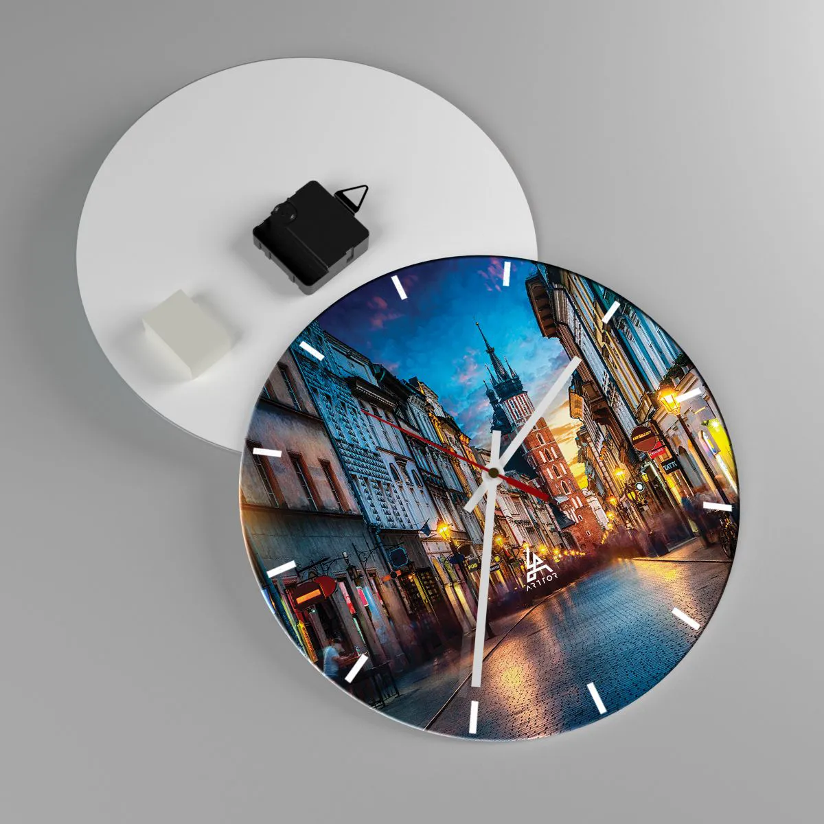 Nástenné hodiny - Ulica s výhľadom na kostol sv. Márie pri západe slnka - 30x30cm - Krakovský pôvab - Moderná nástenná dekorácia do obývacej izby, kuchyne a spálne ARTTOR