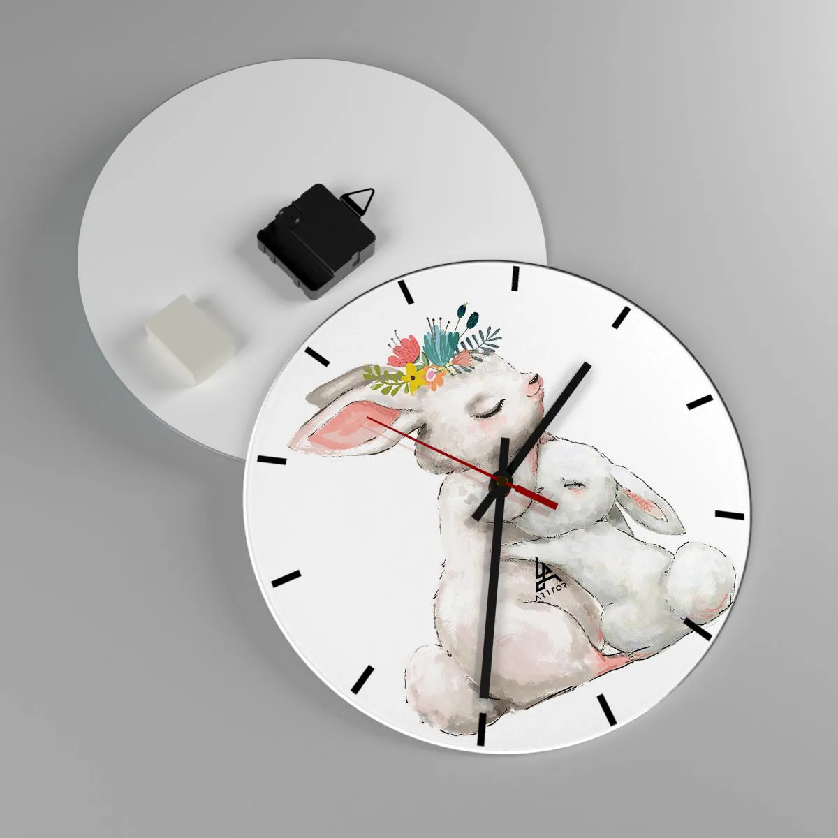 Reloj de pared - Reloj de vidrio - Dos conejitos de peluche, el más grande con una corona de flores. - 30x30cm - En ningún lugar mejor que con mamá - Decoración de pared moderna para salón, cocina y dormitorio ARTTOR